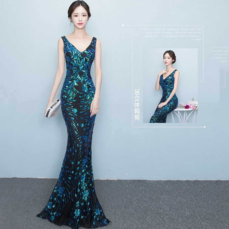 2024 Sequined Party Long Dresses V-Neck Zipper Back Mermaid Party Gowns Royal Backless Floor-Length Prom Clothing Women