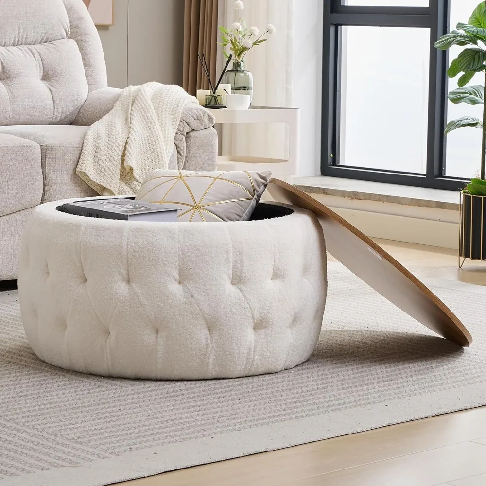 Teddy Fabric Round Ottoman with Storage, 30 Inch Tufted Circle Ottoman Footrest Stool Bench Coffee Table for Living Room,White