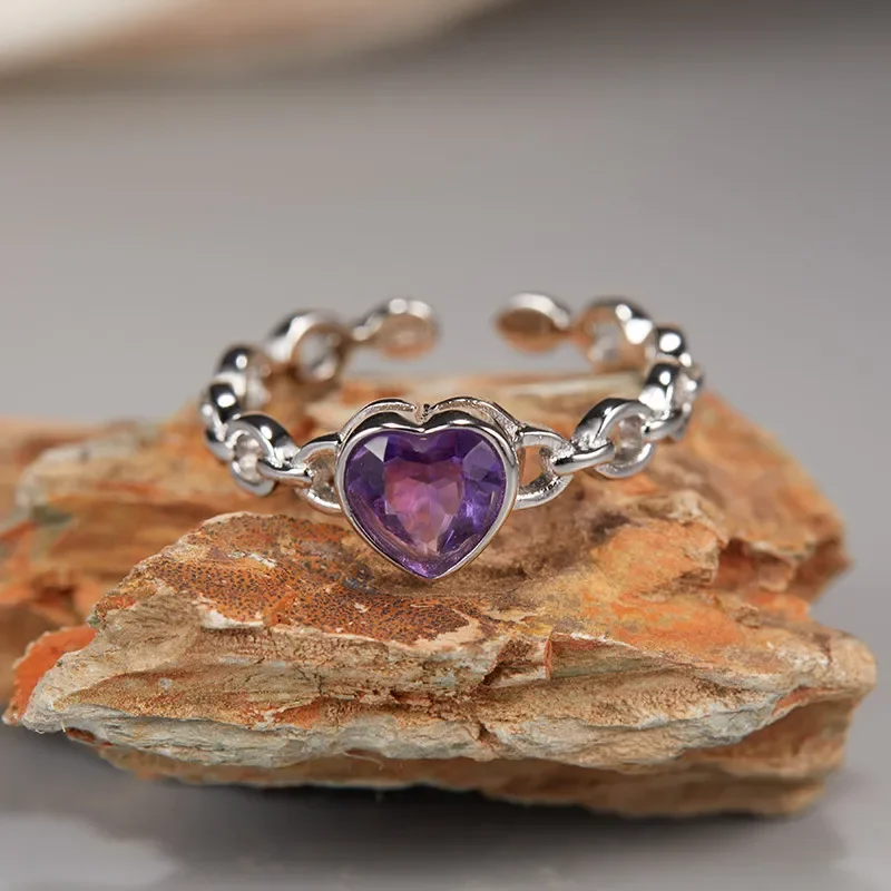 S925 sterling silver natural topaz garnet diopside amethyst color treasure love ring female Xiaohongshu wholesale