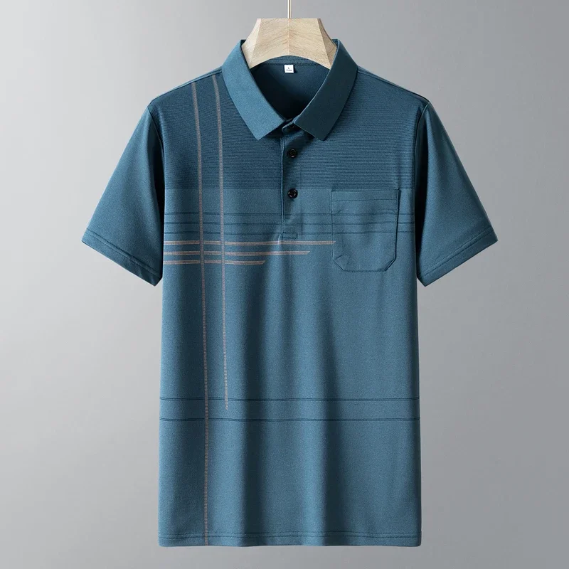 Short Sleeve Men's Striped Pockets Button Solid Turn-down Collar Pullover Summer England Style Casual Formal T-shirt Tops WT27