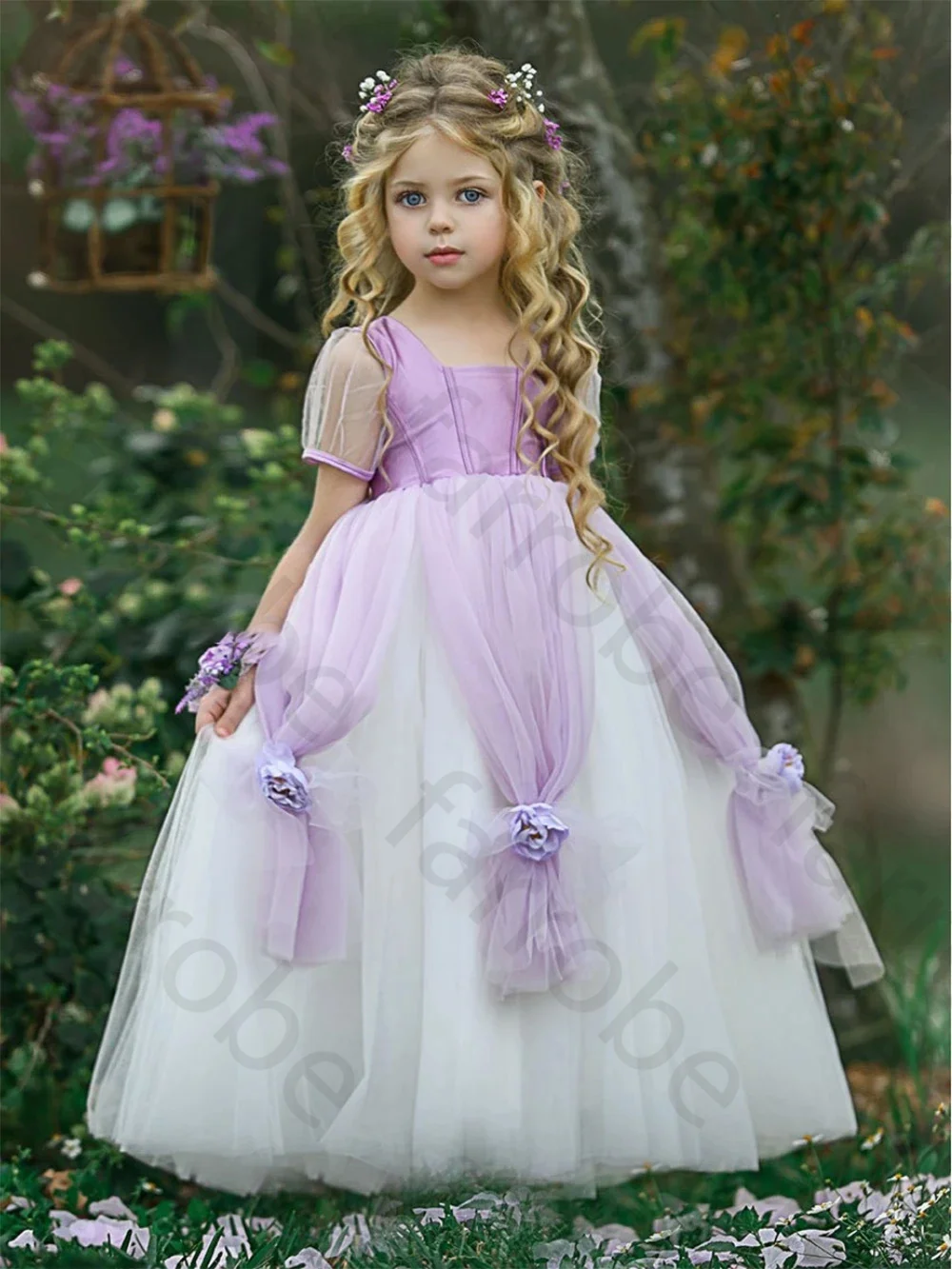 Robe de Princesse en Tulle pour Fille, Vêtement à la Mode Personnalisé, avec Fleurs 3D, Manches Cape, Violet, pour ixde Mariage, Anniversaire, Quelle que soit