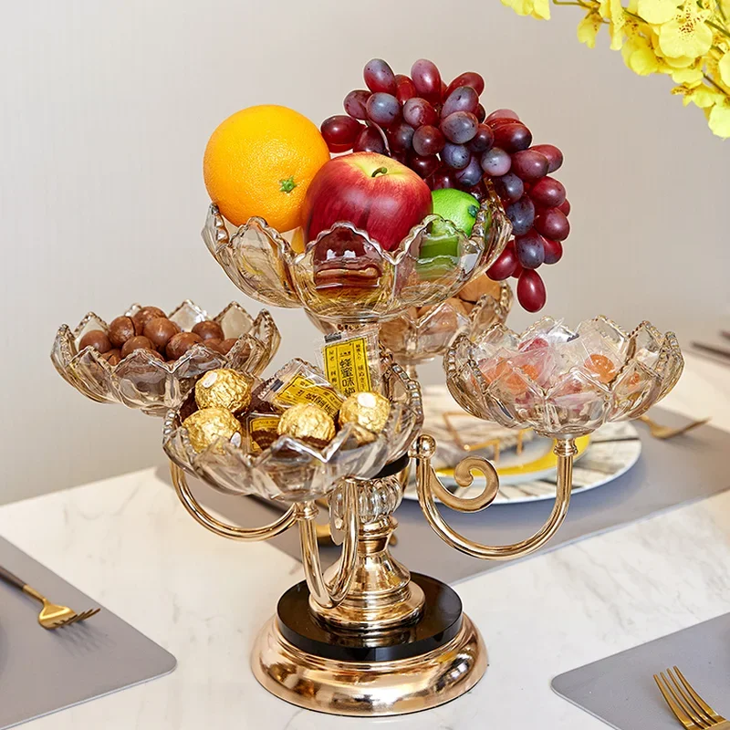 European-style Multi-layer Fruit Tray Alloy Base Rotatable Cake Tray Living Room Household Dried Fruit Snack Storage Glass Tray