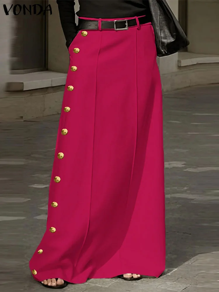 VONDA Rok Panjang Maxi Wanita 2025 Rok Pinggang Tinggi Seksi Kancing Besar Bawahan Longgar Kasual Warna Solid Elegan