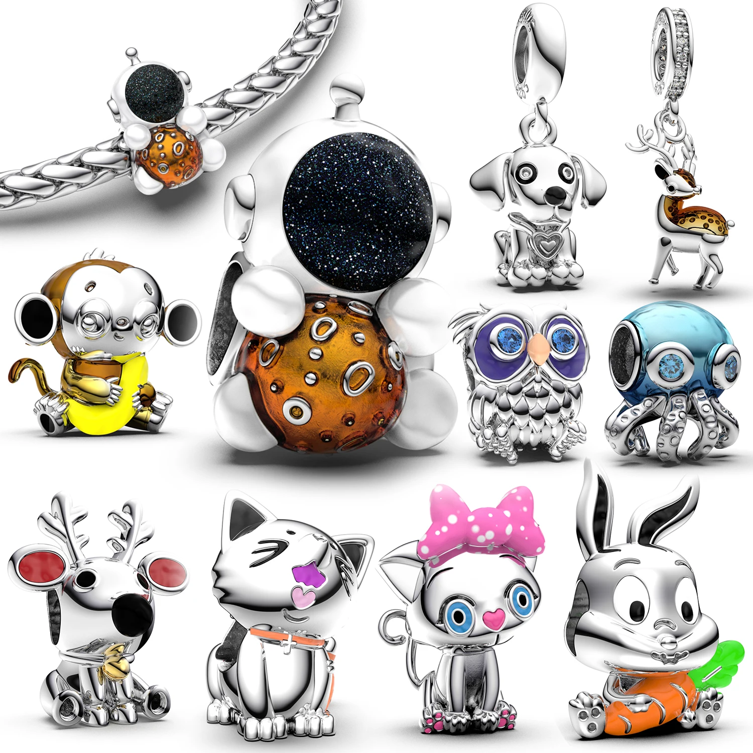 

925 Sterling Silver Astronaut & Animal Charm,Enamel Multi Color,Fit Original Bracelet&Necklace,Playful Jewelry