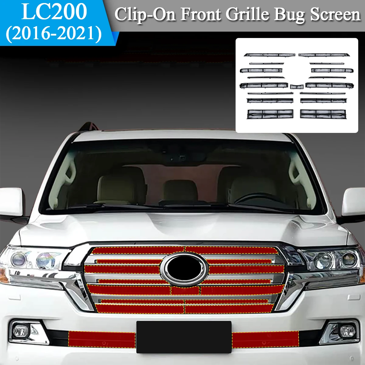 Suitable for 2016-2021 Land Cruiser Lc200 Front Grille Insect Net, Snap-On Insect Net, Easy Installation Without Disassembly, Easy to Remove and Clean, Lc200-Specific Car Protection Accessories