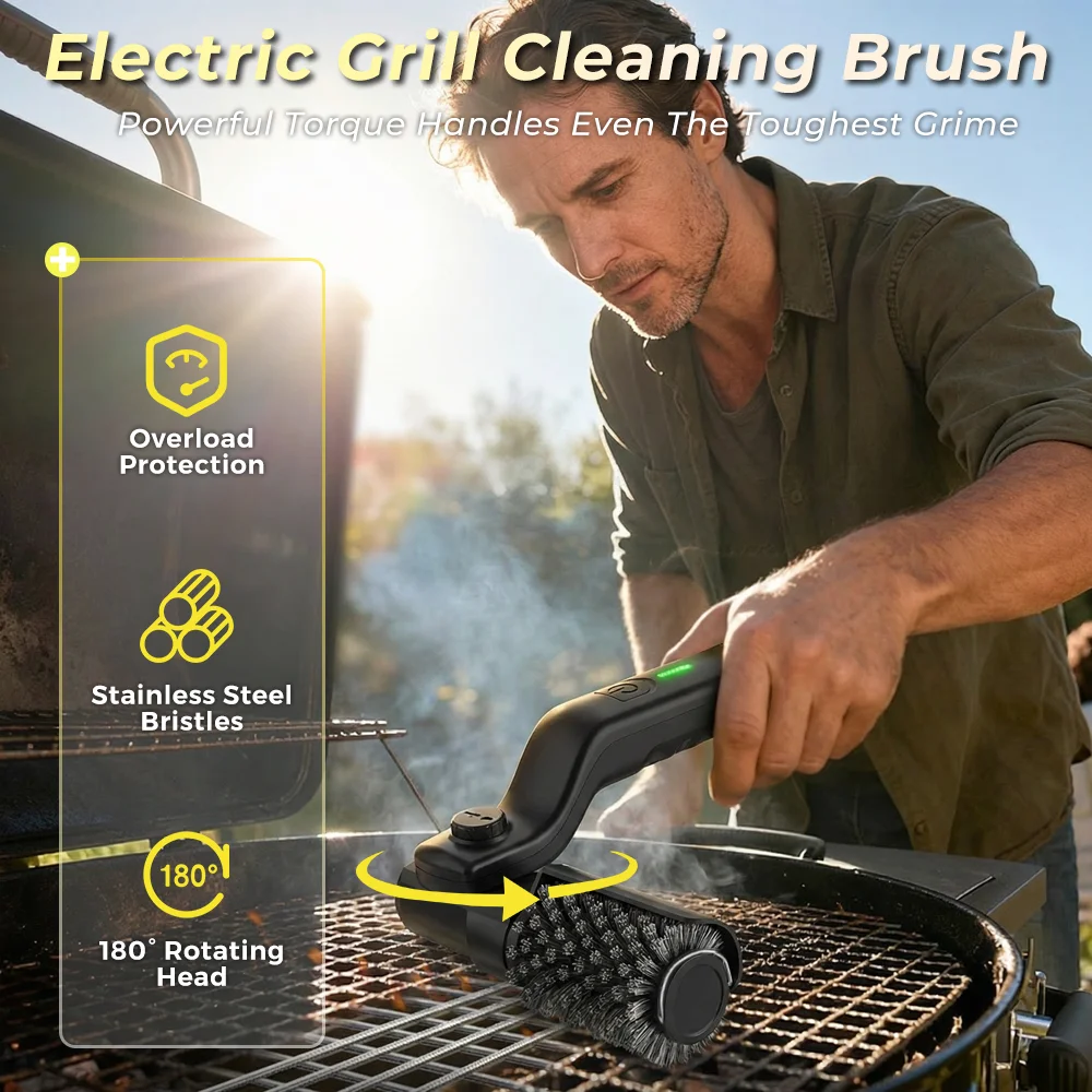 

Wireless Barbecue Cleaning Brush Motorized Scrubber BBQ Grill Brush 3-Speed Settings Electric Grill Brush,180° Adjustable Head