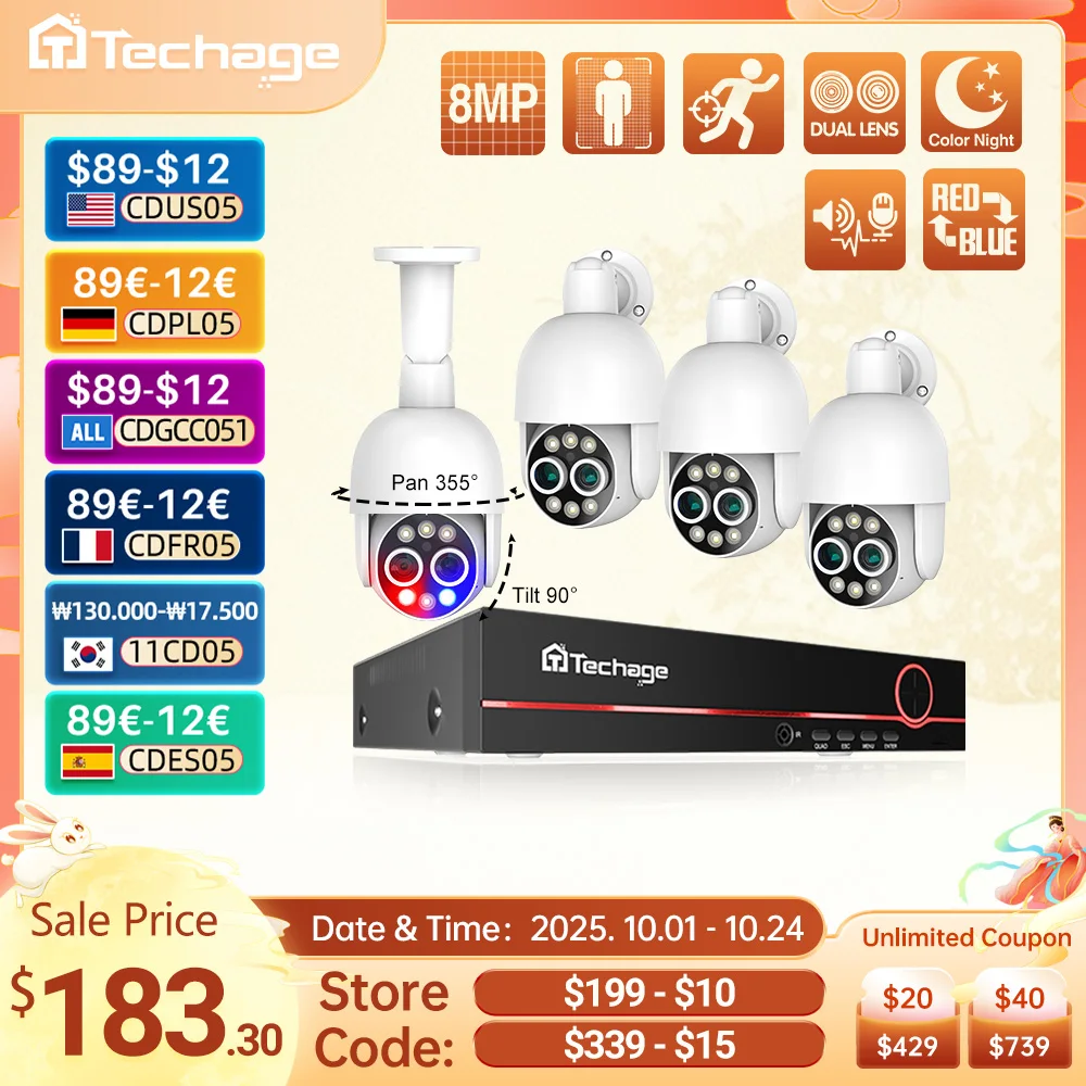 

Techage 8-канальная PTZ 8-мегапиксельная система видеонаблюдения с двумя объективами PoE 8-кратным зумом 4-мегапиксельная двусторонняя аудиосвязь NVR Комплект видеонаблюдения ONVIF для обнаружения человека