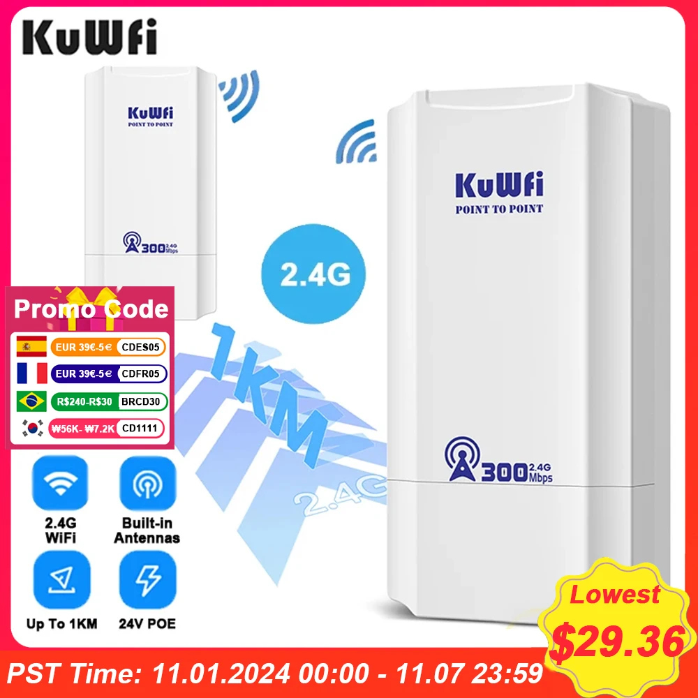 

KuWFi 300Mbps Outdoor CPE Bridge 2.4Ghz Wireless Wi-fi Signal PTP PTMP Long Distance Extender AP Repeater Mode IP65 with 24V POE