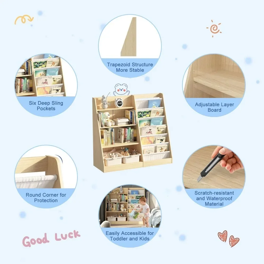 4-stufiges Kinder-Bücherregal, Baby- und Kleinkind-Bücherregal, Kinder-Bücherregal, Spielzeug-Aufbewahrungsorganisator mit 6 Schlingen, verstellbares Regal für Kinderzimmer, P