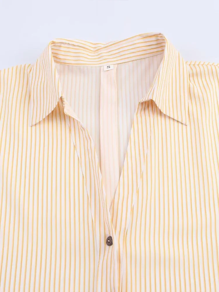 European and American style 2025 summer new products women's clothing temperament lapel wide short sleeve striped casual shirt