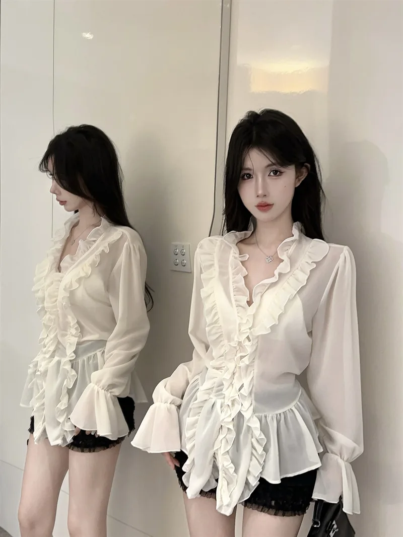 

2026 Women's Ruffle Collar Patchwork Blouse Sheer Lantern Sleeve Loose V Neck Button Down Elegant Casual Tops
