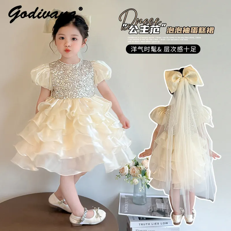 

Sweet Baby Girls 2026 New Summer Princess Dress Childrens Elegant Sequined Pearls Collar High Waist Puff Sleeve Pleated Dresses
