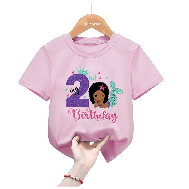 Pink Tops Mermaid My 1-9 Birthday T-Shirt Black Girls Melanin T Shirt Birthday Gift Kids Clothes Short Sleeve Tees Name Custom