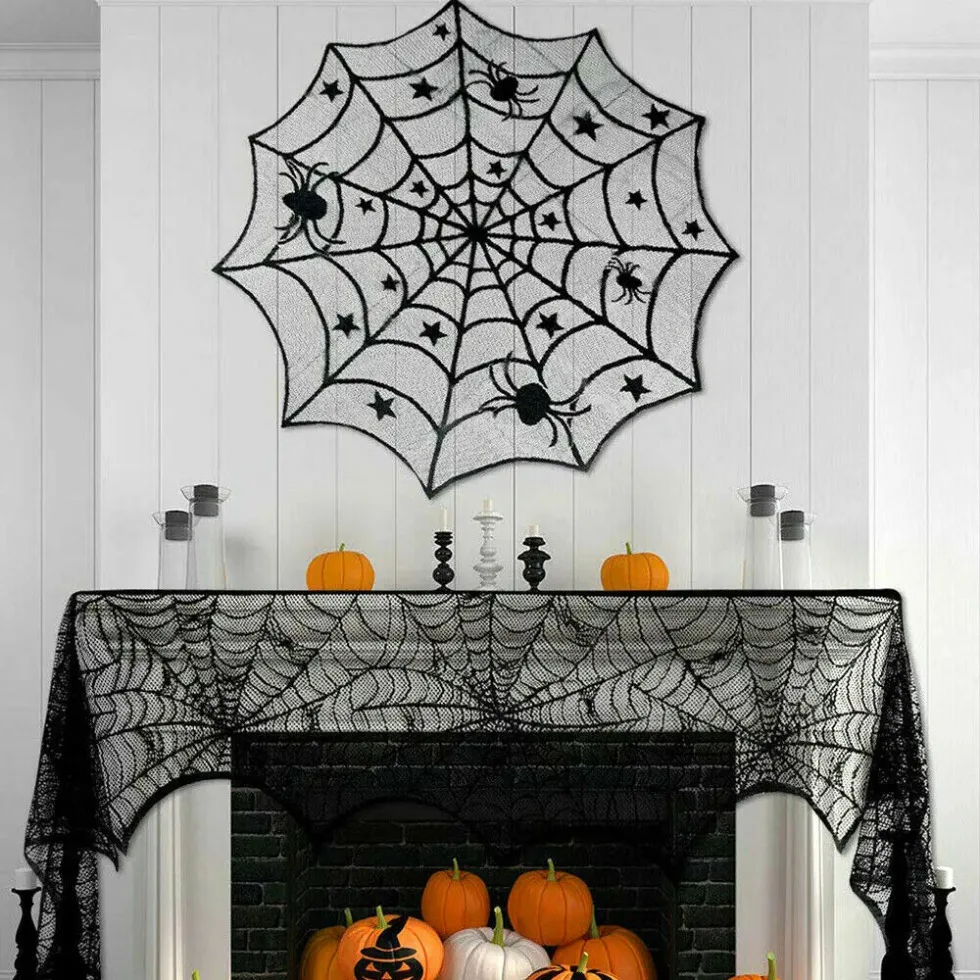 

1pc Halloween Decor Decoration Lace Spider Web Tablecloth Fireplace Mantel Scarf Black Table Halloween Event Party Supplies