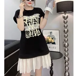 Lace Patchwork Letter Short Sleeve T Shirts Summer New Contrast Loose O-neck Street Casual Tops Tees Fashion Trend Women Clothes