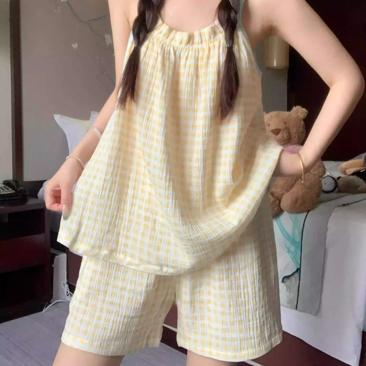 

Summer Casual Plaid Spwear orts Set Loose Women's Sle Summer Outdoor Wearable Comfortable Home Clothes
