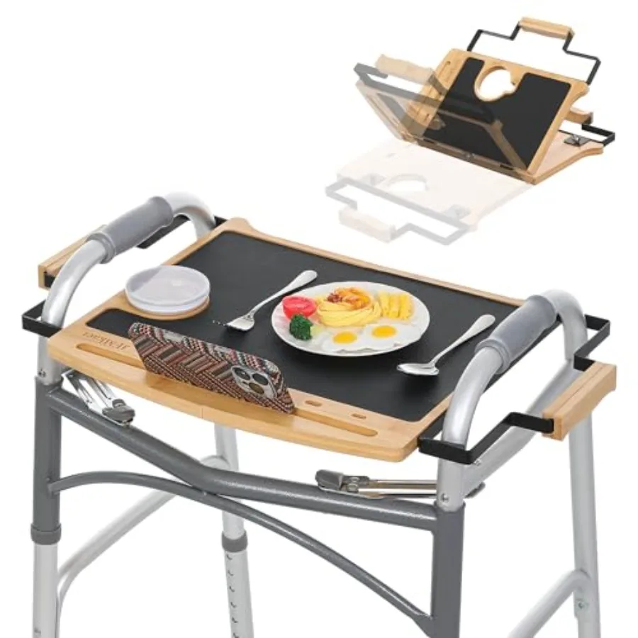 

Поднос-столик для ходунков с нескользящим ковриком, складной поднос для еды с держателем для стакана, аксессуары для ходунков, бамбук, размер M