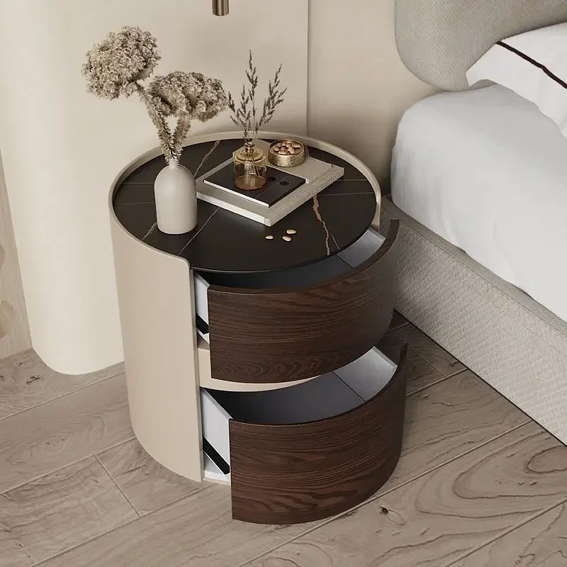 Italian style rock board bedside cabinet for storing household bedroom drawers, wireless charging, circular edge,leather bedside