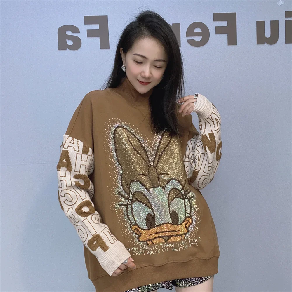European Goods Heavy Industry Beaded Rhinestone Cartoon Long-sleeved Sweatshirts Women Autumn Winter 2024 New Loose Hoodie Coat