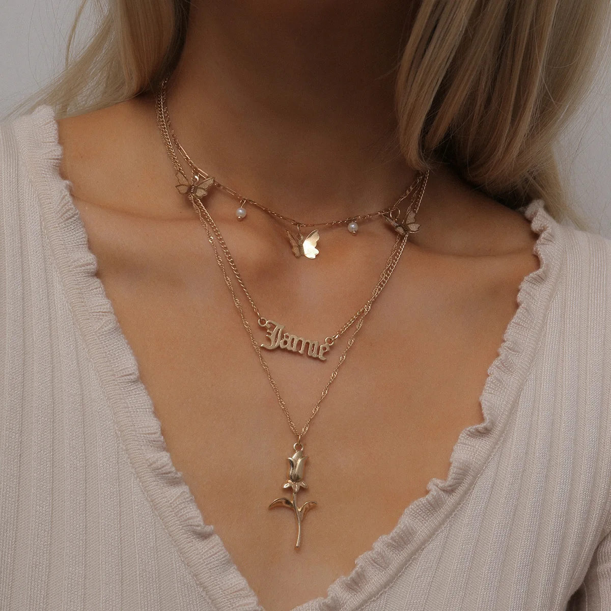 Necklace Retro Hollow Letter Pendant Rose Butterfly Charm Mixed Metal Sweet Cool Everyday Office Lightweight Wear Silver