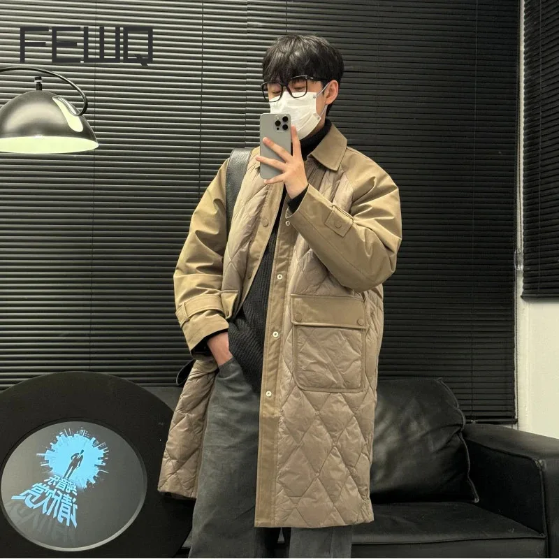 FEWQ Turn-down Collar Long Sleeve Men Long Duck down Jacket Pocket Design Simple 2024 Male Tops Korea Fashion Casual 24E5277