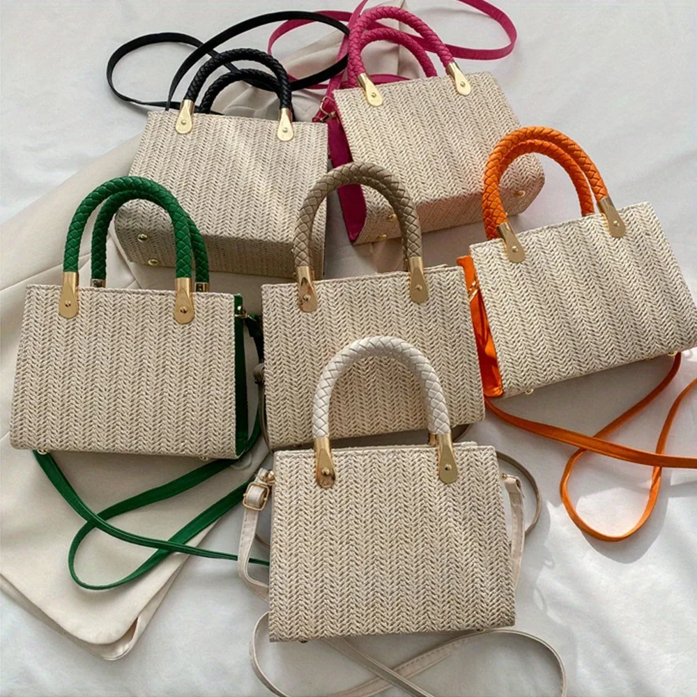 

Fashionable Minimalist Woven Handbag, Solid Color Straw Weaving Crossbody Bag, Versatile Casual Small Square Bag