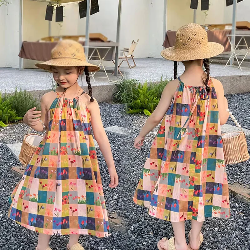 3-8T Summer Children Girl Sling Dress Tulip Flower Print Plaid Sleeveless Baby Girl Dresses Vacation Slip Sundress Vestidos