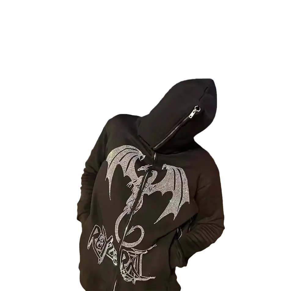 Y2K fashion retro street zipper hooded sweater fire dragon pattern neutral sports fancy long sleeve sweater