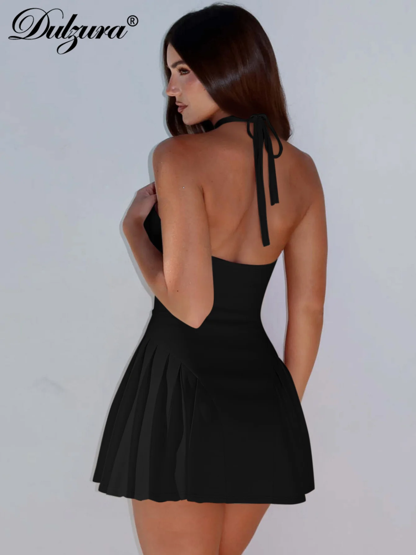 Dulzura Mini abito a pieghe con lacci slim fit senza maniche con scollo all'americana Solido sexy elegante abito corto Party Club Abiti estivi