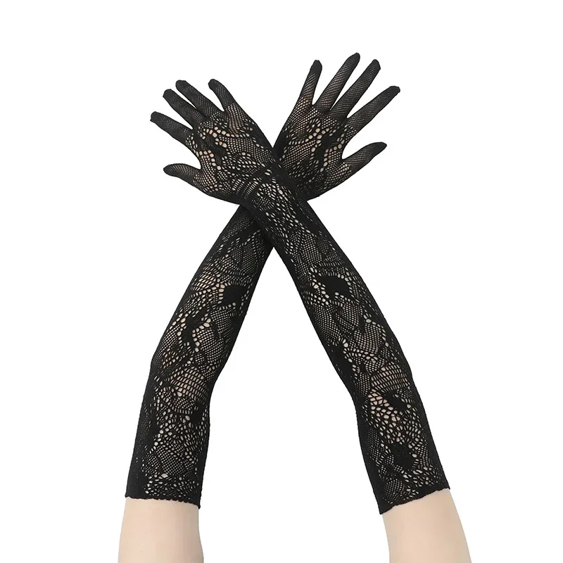 Высокоэластичные длинные кружевные перчатки с цветочным узором, свадебные перчатки для выступлений на сцене, длинные перчатки для косплея на Хэллоуин