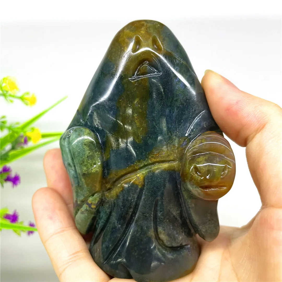 

8CM Natural Moss Agate Ocean Jasper Crystal Carved Ghost Halloween Ornament Decorations Witchcrafts Free Shipping Supplier