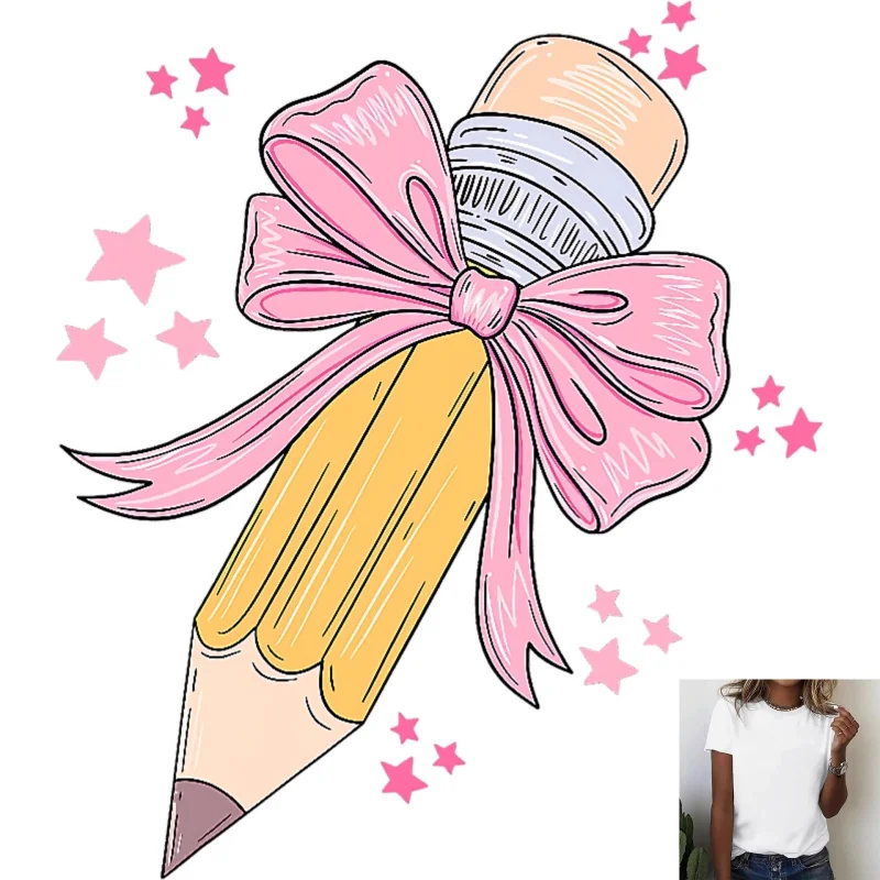 Cute Pencil With Pink Bow & Stars Heat Transfer White Ink Iron - on Patch, Suitable For T - Shirts/Canvas Bags, Casual School -