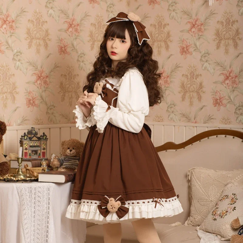 Original estilo japonês doce bonito lolita vestidos 3d arco urso cintura alta a linha retro jsk princesa suspender vestido feminino primavera