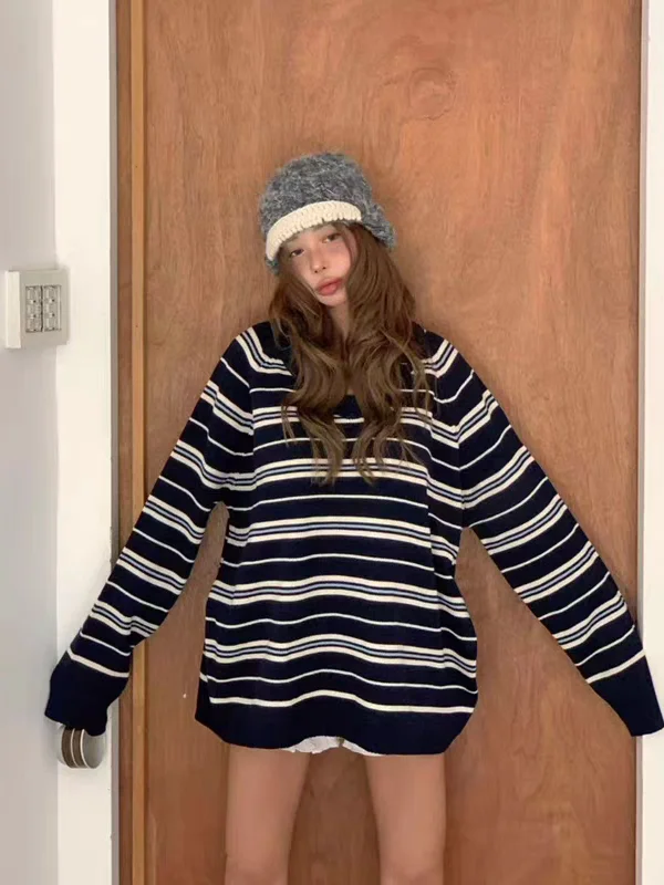 Chic Vintage fuera del hombro rayas Color Blo suelto suéter de punto para mujer diseño sensación Casual Sle invierno Faion