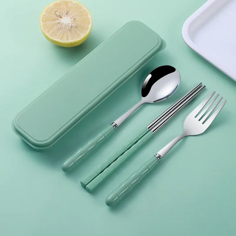 Portable Stainless Steel Tableware Set Fork Spoon Chopsticks Three‑piece Kit With Storage Box for Student Outdoor Travel Supplie