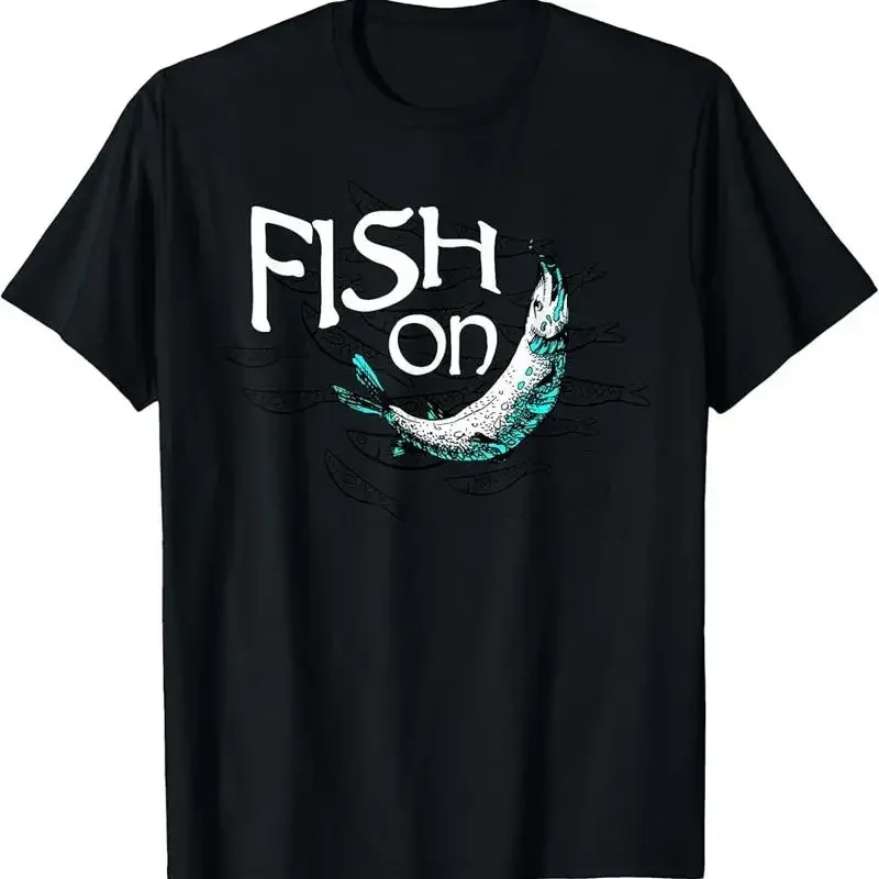 

Fish On Fishing Graphic Cotton T Shirt Basic Crewneck Short Sleeve for Men