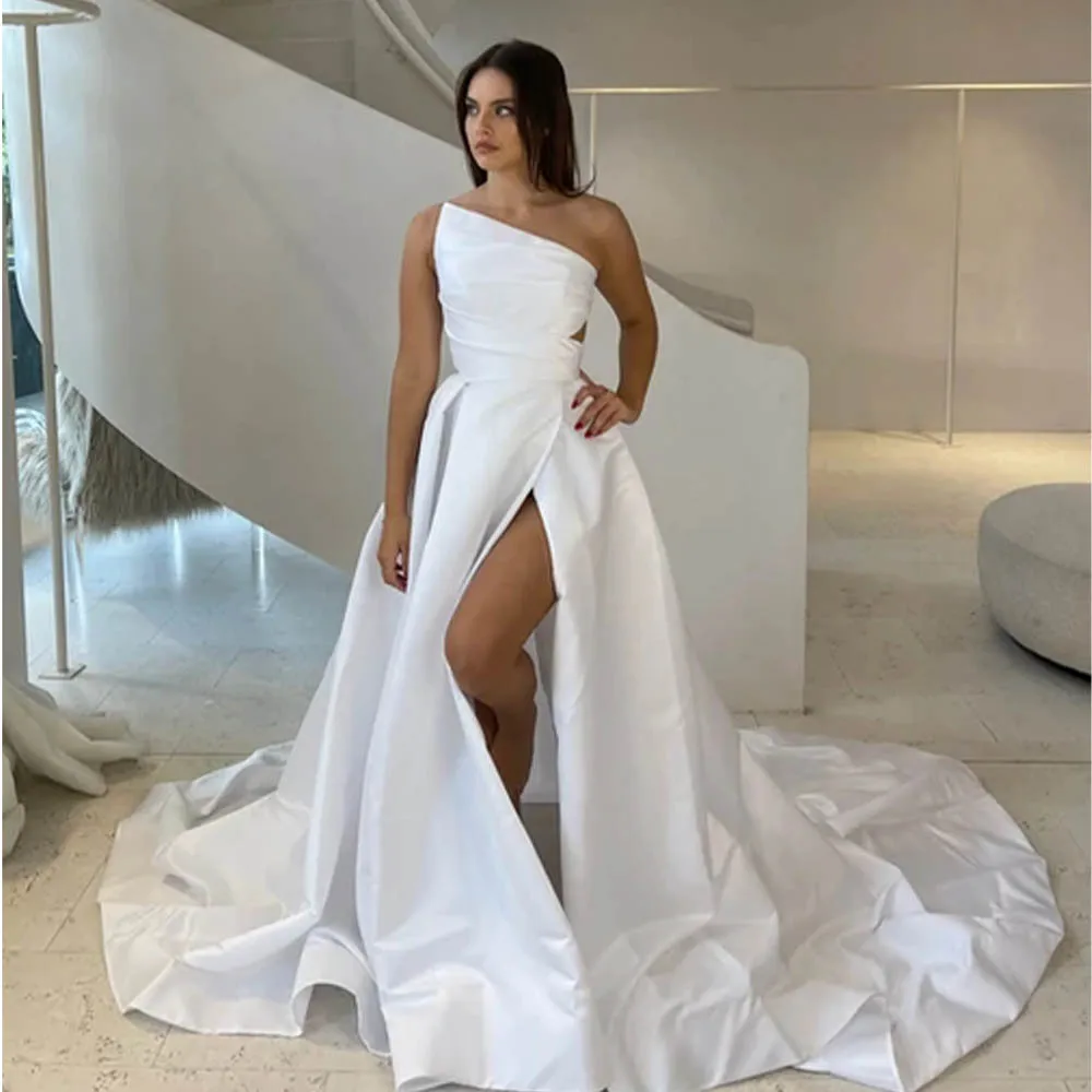 

Ruched Pleat One Shoulder Satin A line Wedding Dresses Side Slit Custom Made Bridal Grown2024 Rode De Morrie