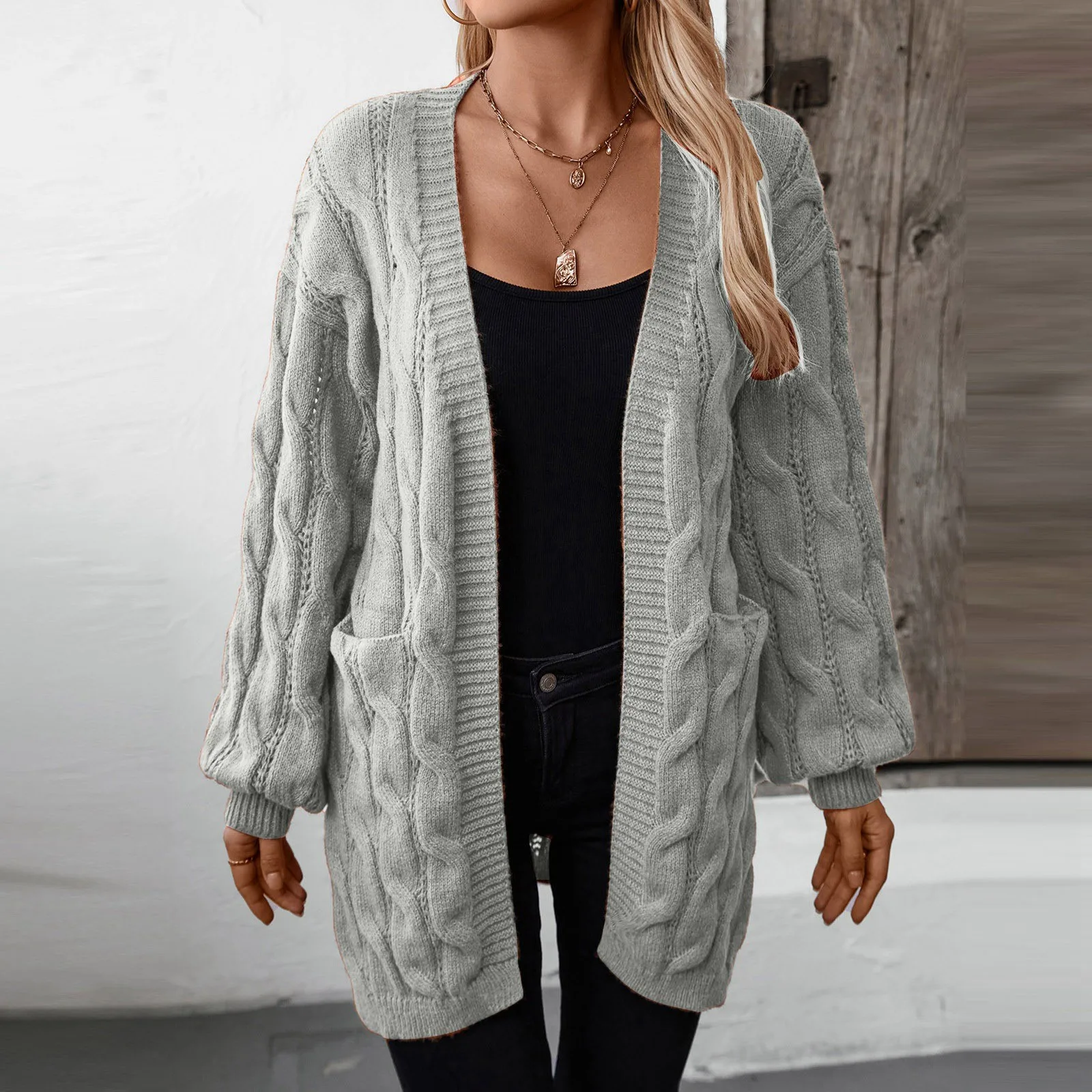 

Women Knitting Cardigan Long Sleeve Ribbed Trim Open Front Sweater Coat with Pockets Twist Texture Mid-Length Loose Fit Sweater