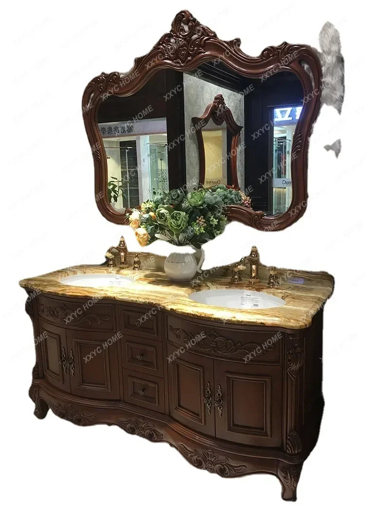 

European Style Double Basin Bathroom Cabinet Combination Arc French Oak Floor Antique Bathroom Cabinet