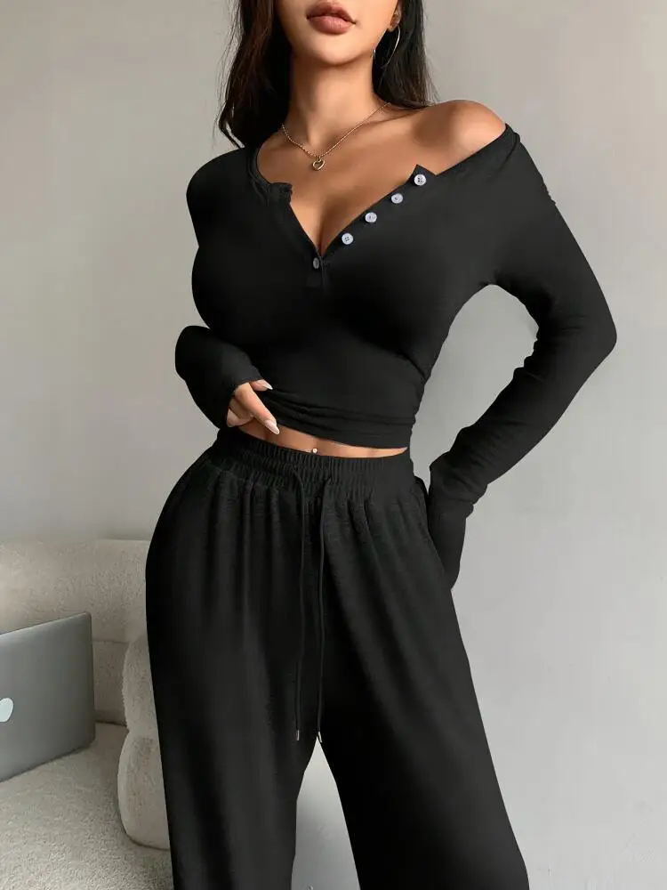 Ropa Para Mujer Minimalist Loungewear Set Women, Fitted Long Sleeve Tee & Loose Wide Leg Trousers, Comfortable Homewear