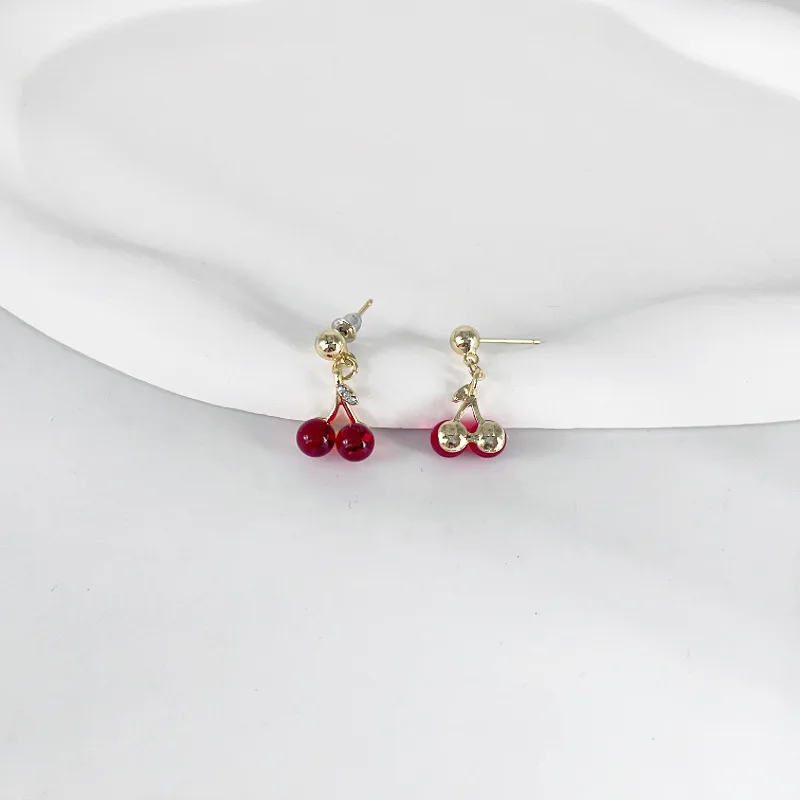 Summer Red Clear Cherry Fashion Long Ear Nail Earrings Cute Sweet Fruit Gold Color Drop Earring for Women Party Wedding Jewelry