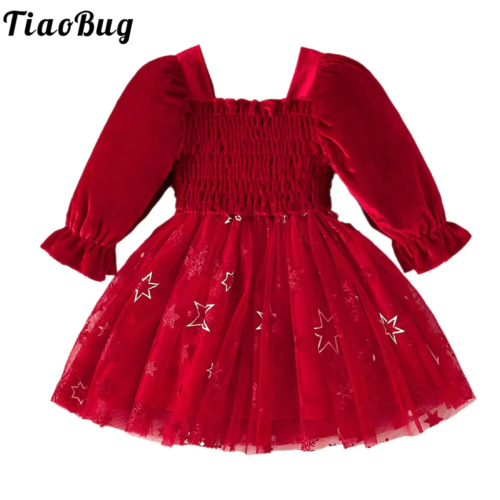 Kids Toddler Girls Christmas Party Velvet Dress Fall Winter Clothes Long Sleeve Ruched Star Snowflake Printed Mesh Tutu Dress