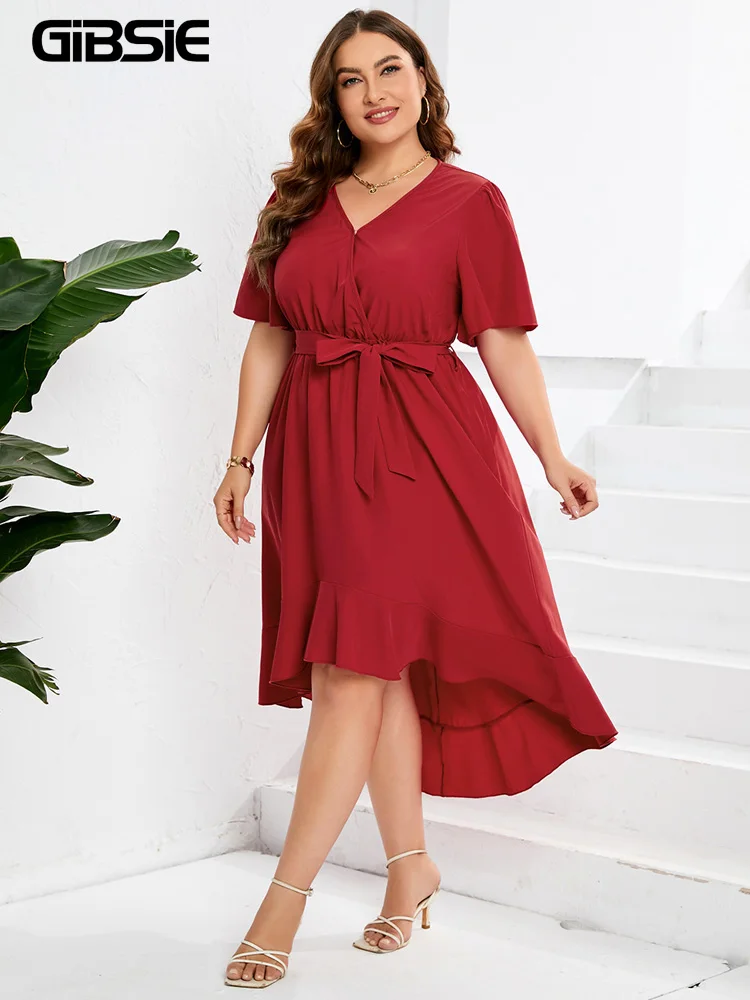 GIBSIE Plus Size Surplice Neck Belted High Waist Ruffle Hem Dress Women Summer Short Sleeve Pockets Asymmetrical Long Dresses