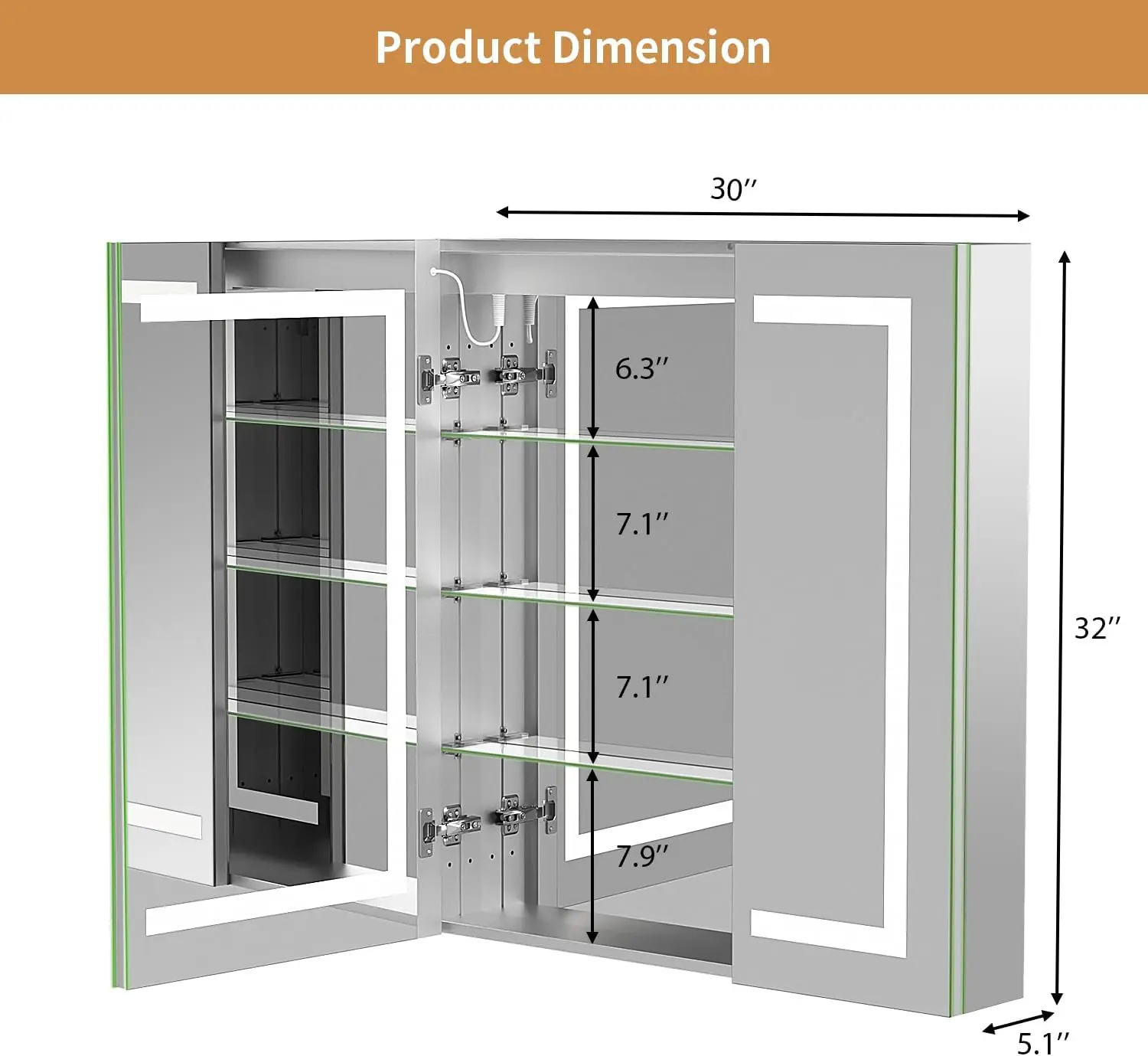 Anti-Fog Medicine Cabinet with LED Mirror & Power Outlet 2 Doors Storage Cabinet for Bathroom Recessed or Wall Mount with 3