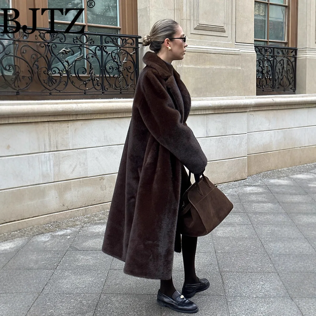 

BJTZ, новинка 2025, женское экологически чистое пальто из искусственного меха норки, длинное толстое теплое зимнее пальто с поясом