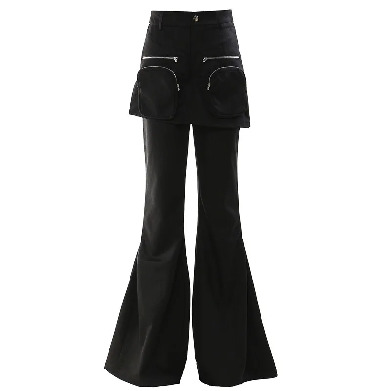 Flared Pants Wide Leg Women Hipster Boot Cut Trousers Luxury Design Elegant Big Pocket Stitching Bell Bottom Fake Two Piece