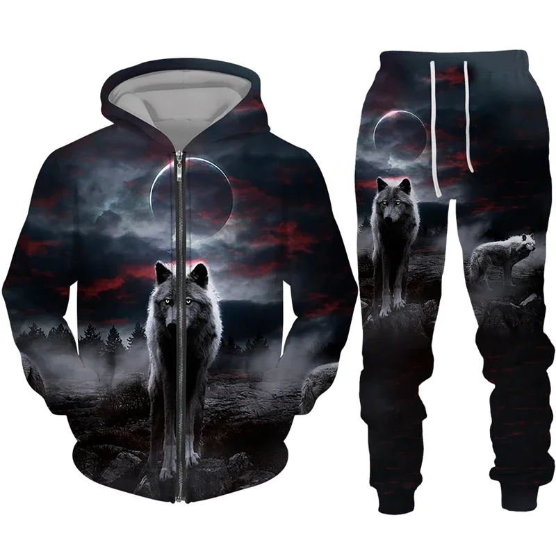 Zipper Hoodie Suit Animal Wolf 3D Print Men Tracksuit/Pants Casual Streetwear Long Sleeve Oversize Autumn Winter New Hot-selling