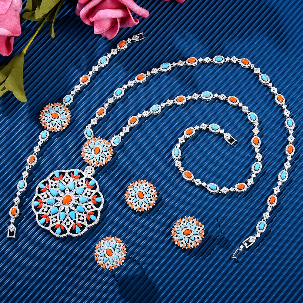 GODKI New Fashion Turquoise UAE Dubai Bridal Jewelry Set For Women Wedding Party Nigerian African Necklace Earring Set