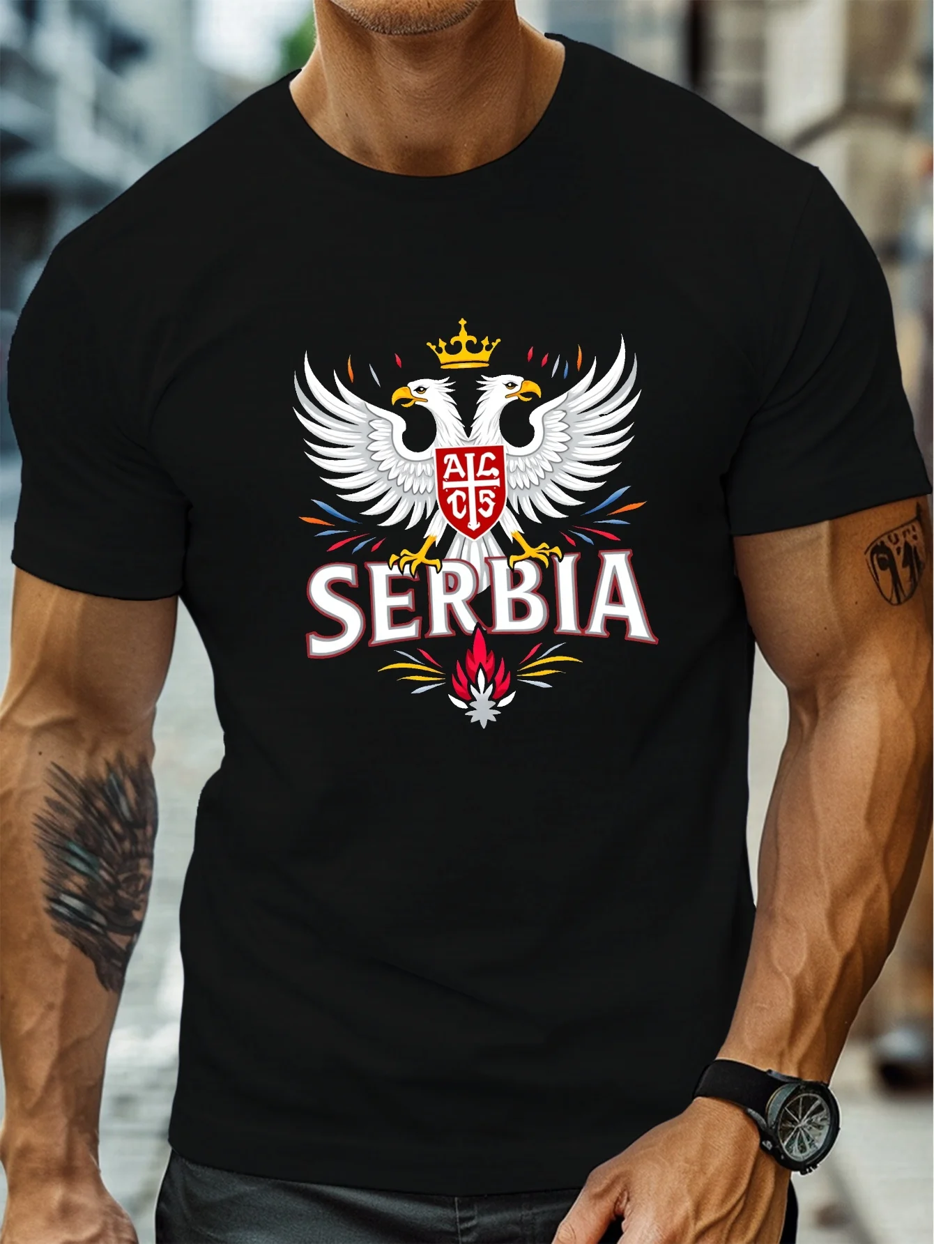 Serbia National Emblem Dual-Headed Eagle Crown & Red Wreath T-Shirt 100% Cotton O-Neck Short Sleeve Summer Casual Mens T-shirt