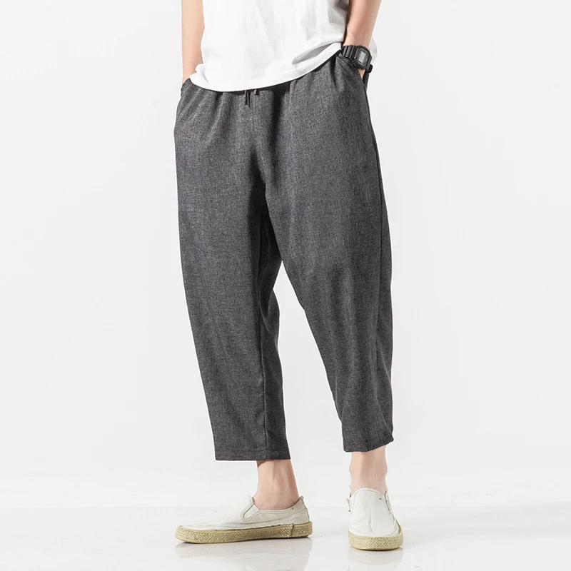 2024 Summer Harajuku Casual Pants For Men Solid Color Cotton Linen Men\'s Harem Pants